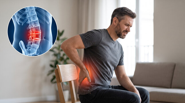 Man standing in hallway holding painful buttock with pain radiating down leg. Glowing red zone along sciatic nerve with CGI pelvis and nerve inset overlay. Sciatica concept. Copy space