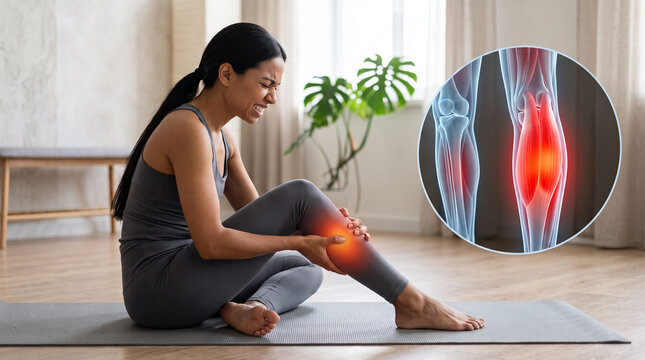 Woman in sportswear on gym floor gripping back of painful thigh. Glowing red pain zone along hamstring with CGI femur and muscle inset overlay. Hamstring strain sports injury concept