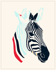 Fototapeta premium Bold zebra graphic portrait in high contrast dark ink. Features misaligned cyan/red offset shapes for depth and distressed speckled textures with sharp, no background.