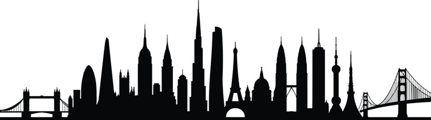 Fototapeta premium Global City Skyline Silhouette Vector Featuring Famous Landmarks and Architectural Icons in Black and White