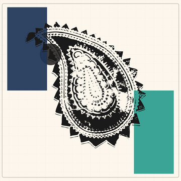 Weathered black chittri design with rough halftones and jagged edges on a grid. Solid navy/teal rectangles intersect the teardrop shape for a modern, high contrast streetwear look.