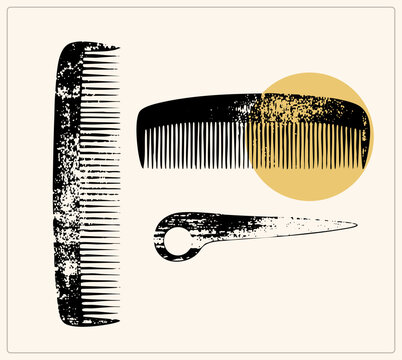 Distressed grunge stencil hair grooming tools rat tail comb, barber comb, teasing pick over a warm mustard circle. Vintage stamp texture gives these hair rakes edgy retro salon character.