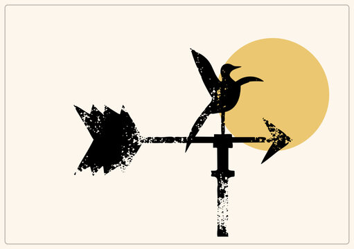 Grungy weathervane or windcock with a soaring bird atop an arrow rod, rendered in distressed black stencil over a warm sun disc. Vintage farm rooftop charm for rustic decor.