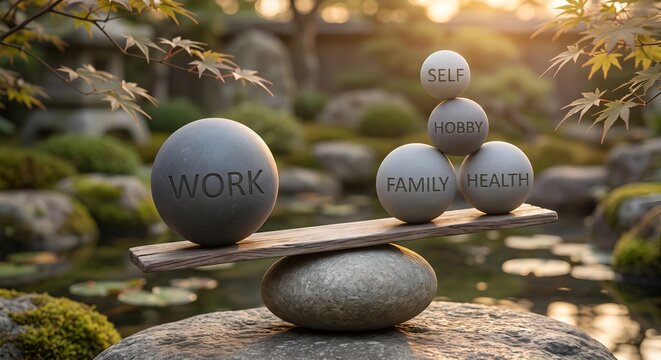 Zen garden stone balance concept showing work against family health hobby and self care representing life harmony and stress management