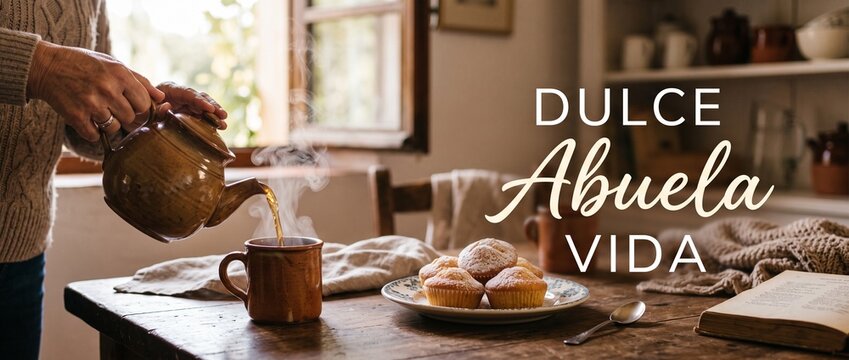 Senior hand pouring hot tea into ceramic mug on rustic wooden table with fresh muffins and open book, creating cozy home breakfast concept for grandmother lifestyle and peaceful morning routine.