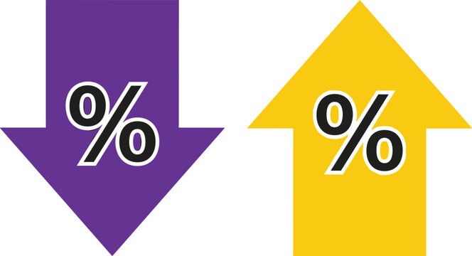 Interest rate percentage fluctuation arrow icon pair featuring a purple down arrow and yellow up arrow for financial inflation and tax deflation trends