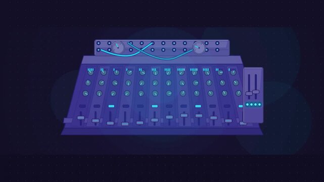Abstract animated faders moving on a mixing console drawn as blue and cyan lines and shapes on a deep dark background. Seamless looping 4K motion graphics video with free space for text, ideal for tit