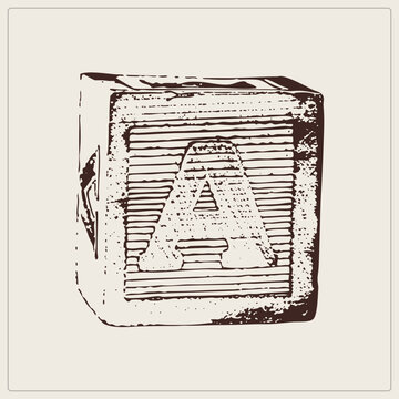 Worn alphabet block, also called a toy brick or letter cube, stamped with capital A in distressed ink. The hand drawn engraving style evokes old print shop type sorts and letterpress char