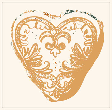 Worn sweetheart stamp heart filled with swirling paisley and leafy flourishes, distressed like an old woodblock print. Rustic folk corazon motif in warm ochre with speckled ink grunge.