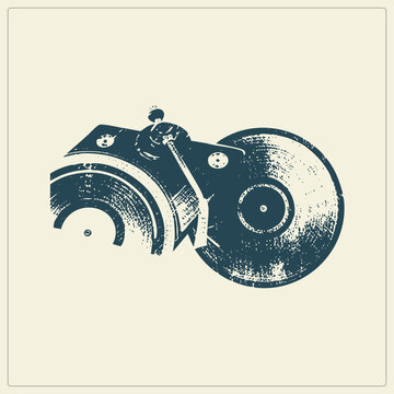 Grunge vector of a record player spinning an LP, classic vinyl deck with tonearm and spindle. Retro hi fi spinner with distressed stencil texture in deep teal ink, for music and analog fans.