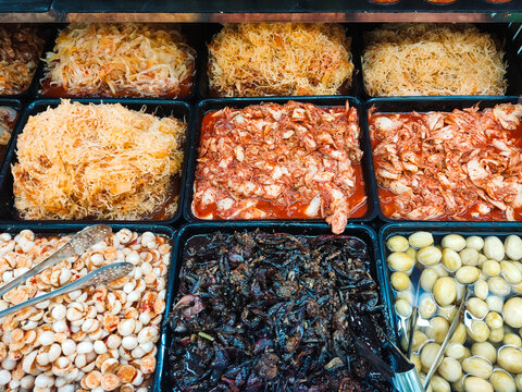 Assorted fermented foods displayed in market setting