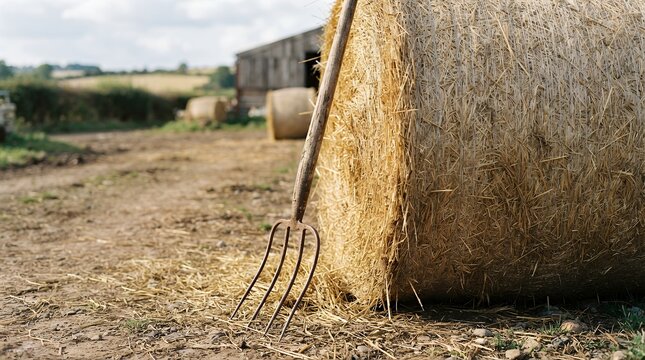 Rustic pitchfork leaning on a large round hay bale, traditional farming equipment on a rural farmyard, agricultural harvest background