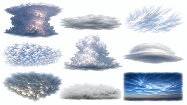 Collection of nine diverse cloud formations against a white background