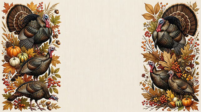 Vintage Thanksgiving background featuring hand drawn turkeys autumn leaves pumpkins and berries creating decorative borders for holiday greeting cards template.