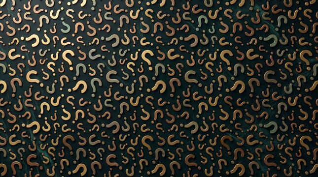 Golden 3D question marks scattered on dark marble background representing problem solving FAQ and inquiry concept
