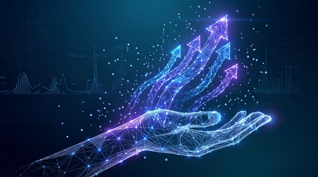 Glowing digital wireframe hand launching upward arrows representing technological growth artificial intelligence and financial success