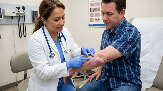 Female doctor examining male patient's arm with psoriasis skin lesion in a medical clinic office
