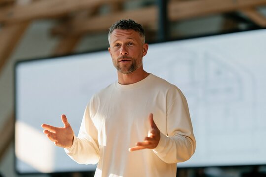 Male presenter in a contemporary workspace delivering a corporate presentation and training session for leadership background banner and website hero image