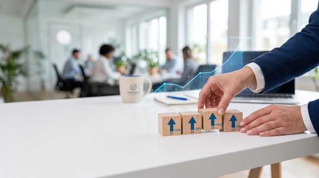 Hand arranging wooden blocks with upward arrows representing quarterly business growth and success strategy, financial profit increase, holographic chart overlay