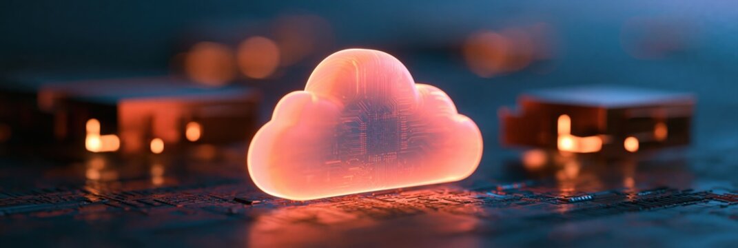 Glowing cloud computing icon on circuit board background with soft pink neon glow for technology wallpaper and cloud services banner design