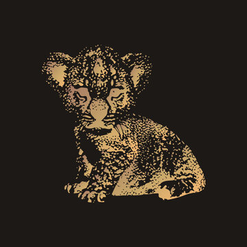 Stippled lion cub in gold and shadow. Grunge stencil style, high contrast tattoo flash aesthetic with fragmented mimicking weathered street art.
