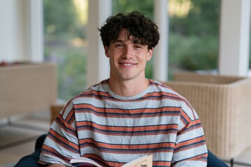 Fototapeta premium Casual young man smiling while reading a book in a sunlit indoor patio portrait for lifestyle background and banner design