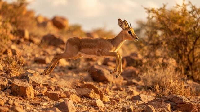 Small Dik-dik Antelope in Arid Landscape: A small, slender dik-dik antelope pauses mid-stride on a rocky, arid slope, with dry brush and sparse vegetation under a soft, clouded sky.