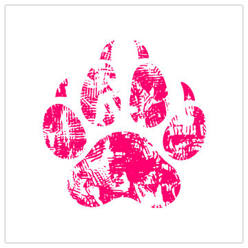 Vibrant hot pink animal track with rough stamped texture, white scratchy distress marks on pads. Represents /bear footprint ("doggy doo" or "paw"). High contrast grunge aesthetic with jagged cla