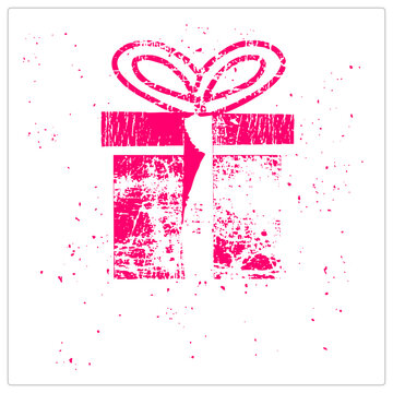 Hot pink distressed grunge present with ribbon bow and heavy ink splatter. High contrast vector art mimicking a weathered rubber stamp on a transparent background.