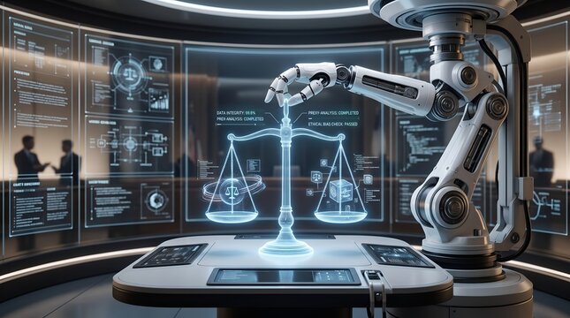 Robotic arm interacting with holographic scale of justice representing artificial intelligence ethics legal technology and algorithmic fairness