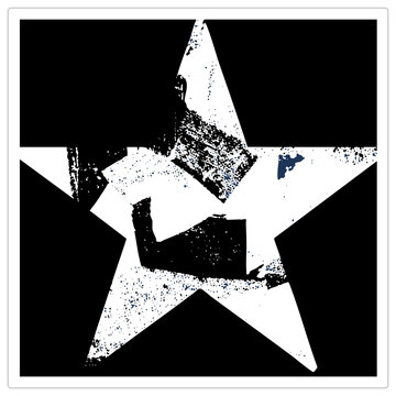 Weathered five pointed star in high contrast stencil style. Rough, street art "wildstyle" aesthetic with black ink textures and speckles overlaying a white geometric shape on a dark background for a r