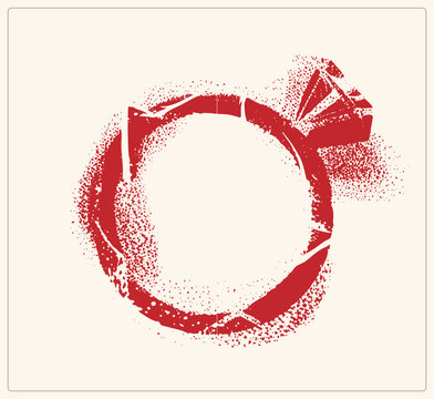 Distressed crimson ink ring with stenciled edges and spray particles. Raw calligraphic "blood circle" mark blending brush pressure with airborne detail. Textured vector form conveys an industrial aest
