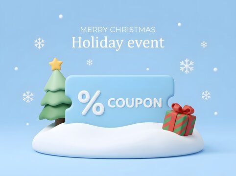 3D Christmas holiday event discount coupon on snow podium with tree, gift box, and snowflakes on blue background