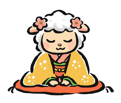 着物姿で新年のあいさつをする干支の未（羊）