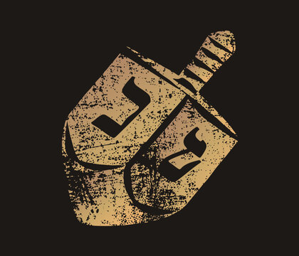 Weathered wooden dreidel with distressed gold grunge texture, Hebrew script, and striped handle.