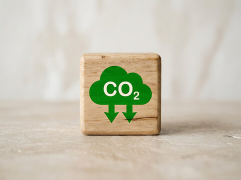 Co2 reduction icon on a wooden block