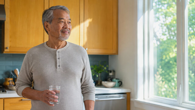 Happy senior man holding glass for antacid wellness