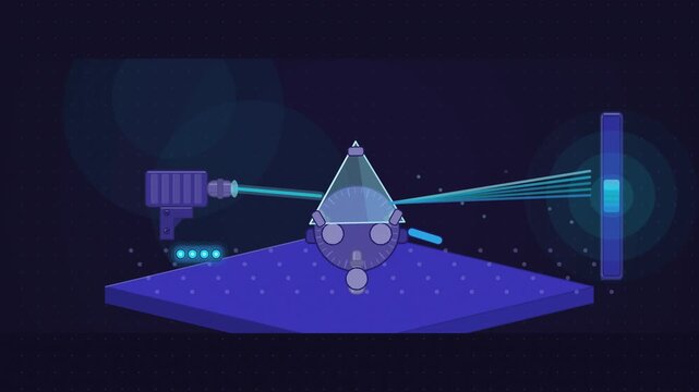 Abstract animated prism splitting light on its mount drawn as blue and cyan lines and shapes on a deep dark background. Seamless looping 4K motion graphics video with free space for text, ideal for sc
