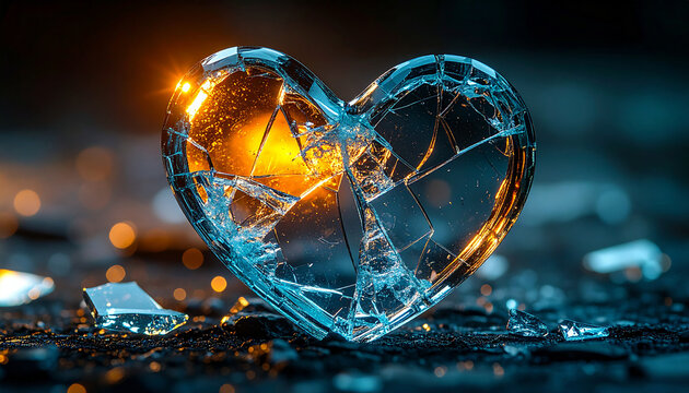 Shattered glass heart on dark background, fragmented pieces, moody atmosphere. Heartbreak, loss and emotional pain. Close-up.