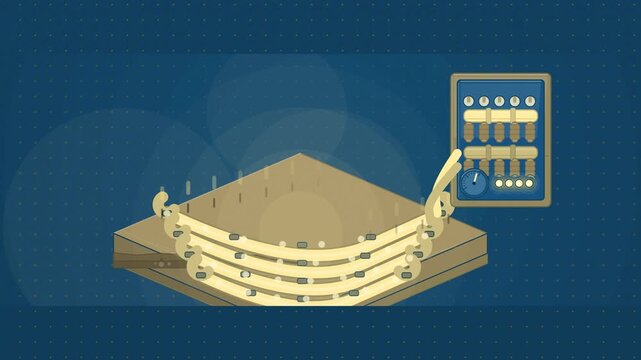 Abstract animated underfloor pipes warming the room drawn as blue and cyan lines and shapes on a deep dark background. Seamless looping 4K motion graphics video with free space for text, ideal for sus