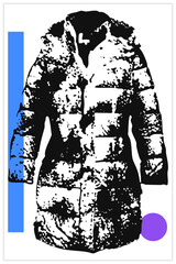 Distressed B&W stencil of a winter coat (parka/down). Features grunge texture, speckled noise, torn edges, vertical blue bar, purple circle on clean background. © Rysak