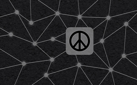 Ein digitales Netzwerk aus Linien und Knoten verbindet sich auf einer dunklen Textur mit einem zentralen Friedenssymbol im Quadrat als starkes Statement.