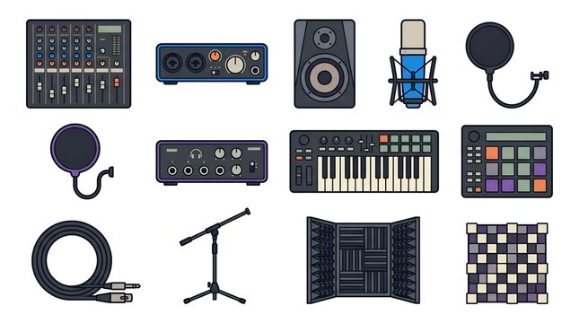 Essential collection of modern music studio equipment for audio recording, mixing, and production, perfect for any professional sound setup