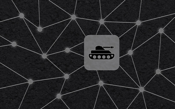 Ein graues quadratisches Icon mit einem schwarzen Panzer und Kettentrieben ist zentral in ein digitales Netzwerk aus Linien und Knotenpunkten auf dunklem Hintergrund eingebunden.