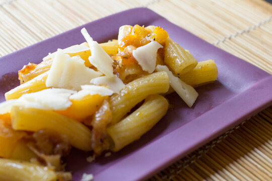 Rigatoni With Guanciale, Peaches And Pecorino