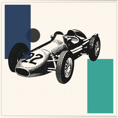 Obraz premium Vintage #22 open wheel race car in heavy stipple halftone, over navy/teal geometry. High contrast ink mimics mid century motorsport posters.