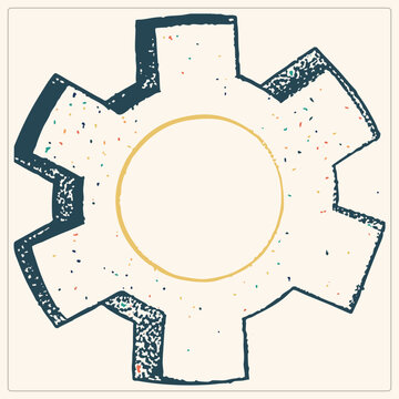 Rough inked cogwheel with central gold ring and teal, orange, blue dots. Vintage distressed stamp aesthetic with uneven and paper grain for creative projects.