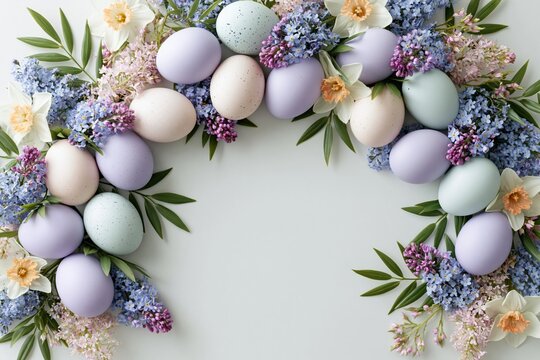 Easter background with copy space. Empty white tabletop surrounded by soft pastel Easter eggs and fresh spring flowers perfect for holiday celebrations and invitations.