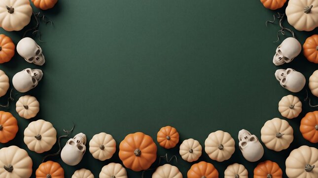 A festive halloween border featuring assorted mini pumpkins and skulls arranged on a dark green background
