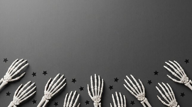 Multiple skeleton hands arranged in a row against a plain dark gray background for a spooky holiday theme